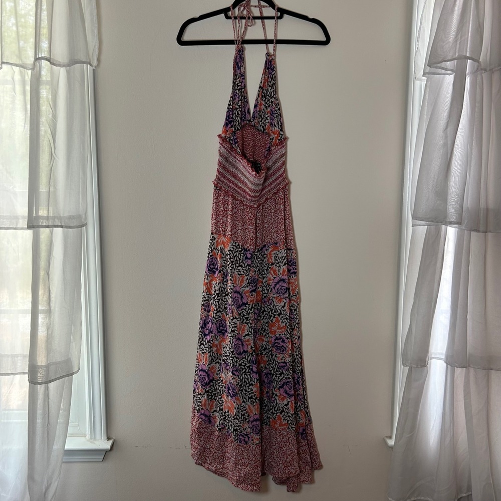 Free People Gabriela Floral Patchwork Halter Maxi Dress Smocked Waist XS - Picture 6 of 8